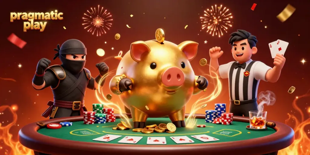 Menyaksikan kehebohan "pragmatic play" dengan pekerja sumo piggy bank yang mengeluarkan koin emas di tengah perjudian seru.