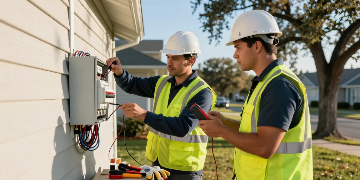 Electricians inspecting faulty wiring during an emergency; read more here for safety tips.