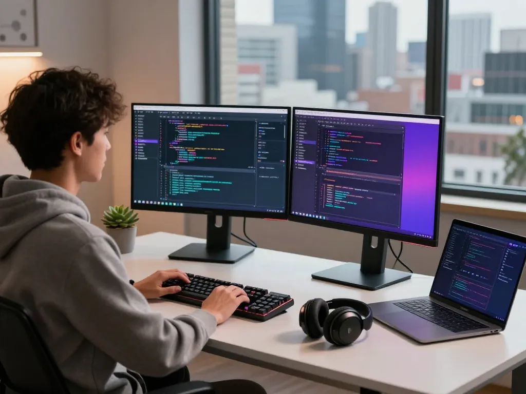 Developer using telegram 下载 software at a modern workspace with multiple screens and tech gadgets.