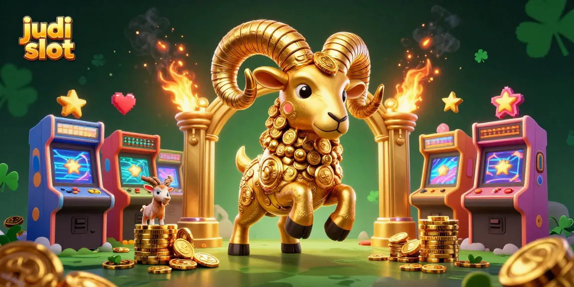 Engage in judi slot with a dynamic scene of a golden ram charging through vibrant game machines.