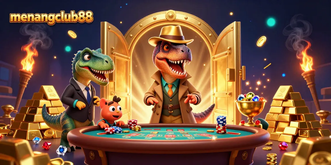 menangclub88 showcases an action-packed blackjack scene with unique dinosaur characters.