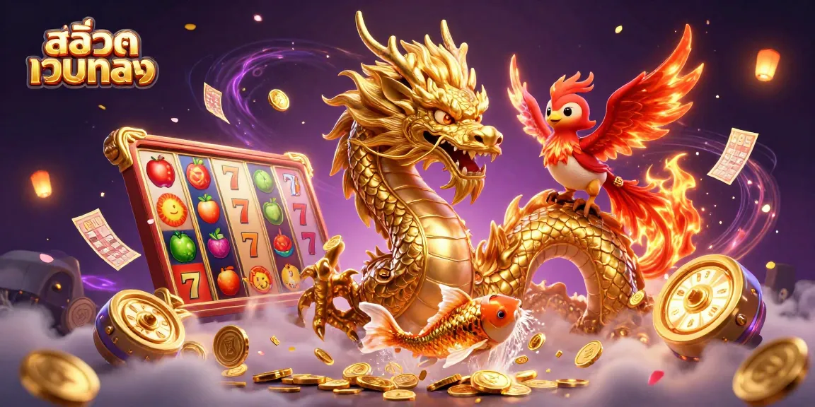 Play exciting สล็อตเว็บตรง with a fierce dragon and vibrant casino symbols in a dynamic illustration.