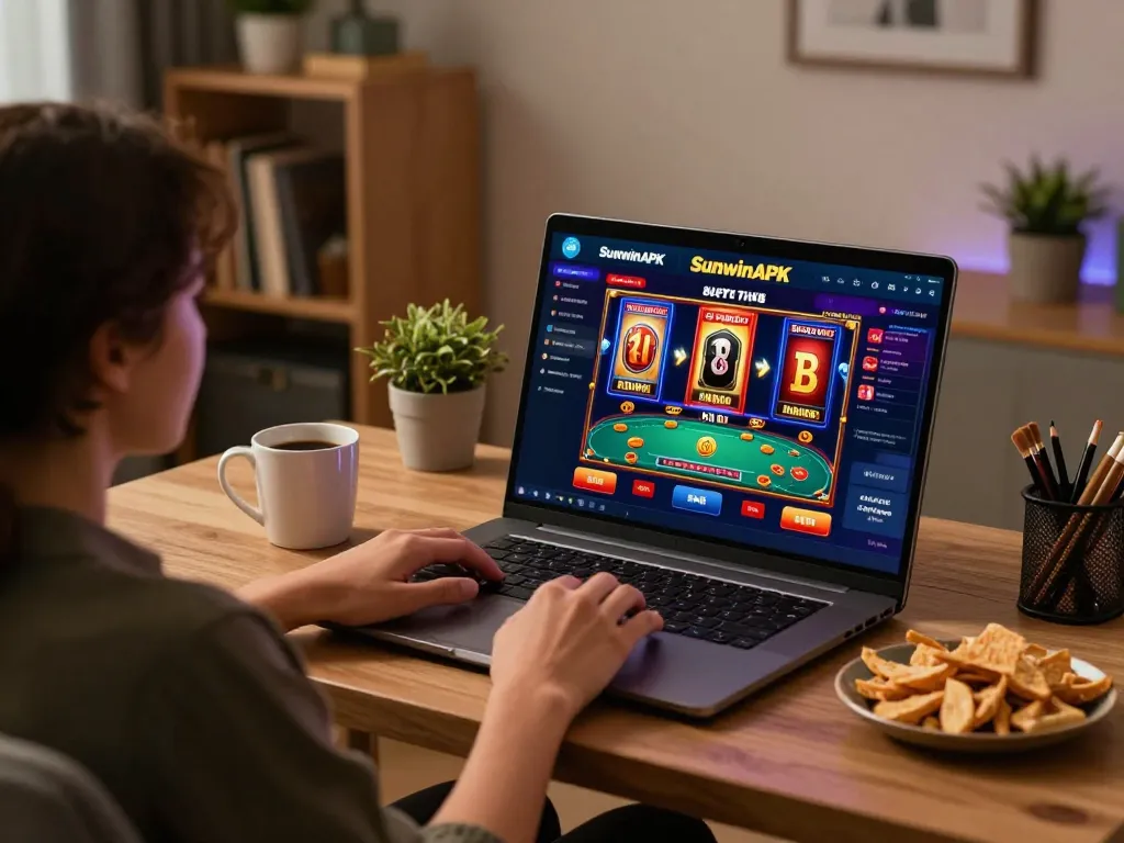Engaging online gameplay on SunwinAPK app in modern home office setting.