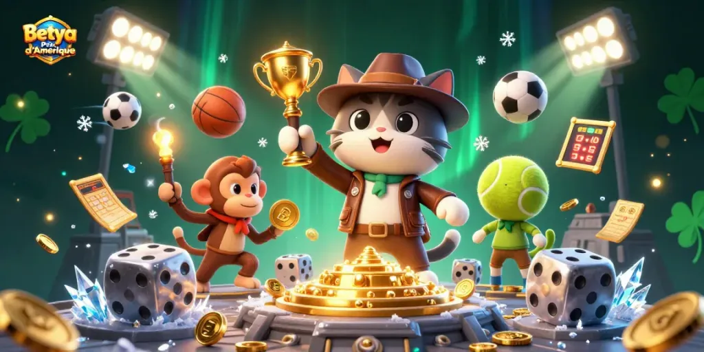 Betya Prix d'Amérique showcases a cartoon archaeologist cat discovering a golden artifact in a vibrant casino landscape.
