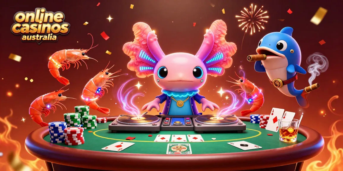 Engage with vibrant online casinos australia scene featuring a DJ axolotl and poker elements.