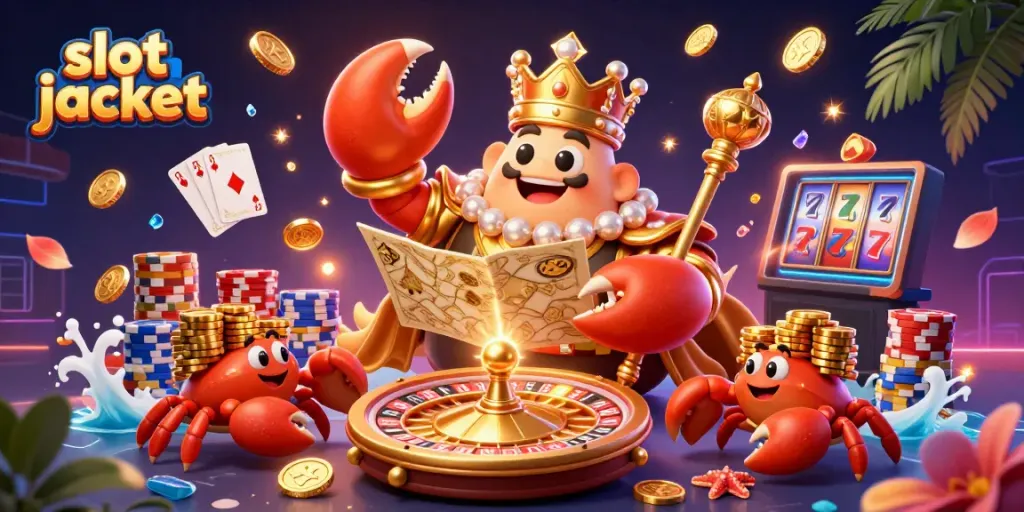 Spin to win the slot jackpot with a magnificent crab emperor surrounded by a treasure-filled casino scene.