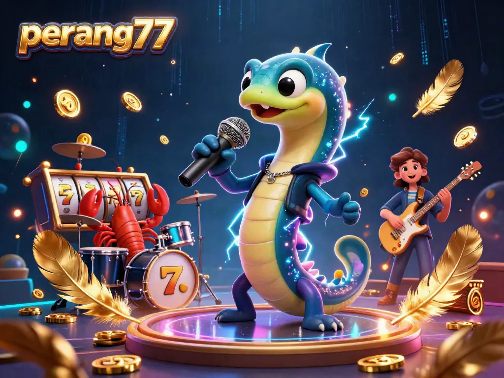 PERANG77 menghadirkan DJ dengan serpent listrik yang menyenangkan dengan simbol slot dan partikel emas yang memesona.