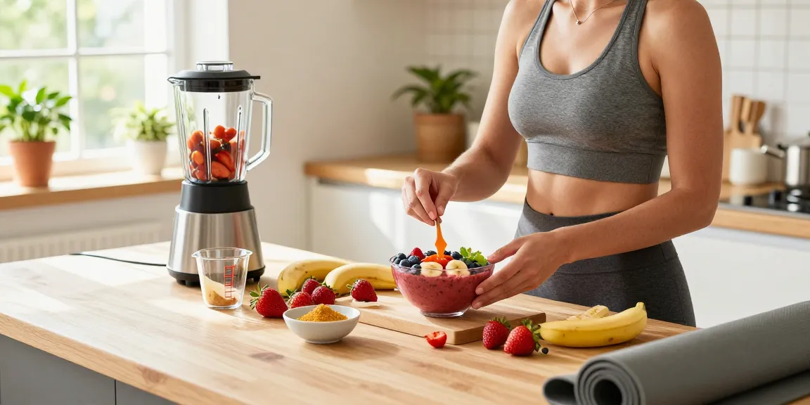 Fresh smoothie bowl preparation featuring natural astaxanthin in a bright kitchen.