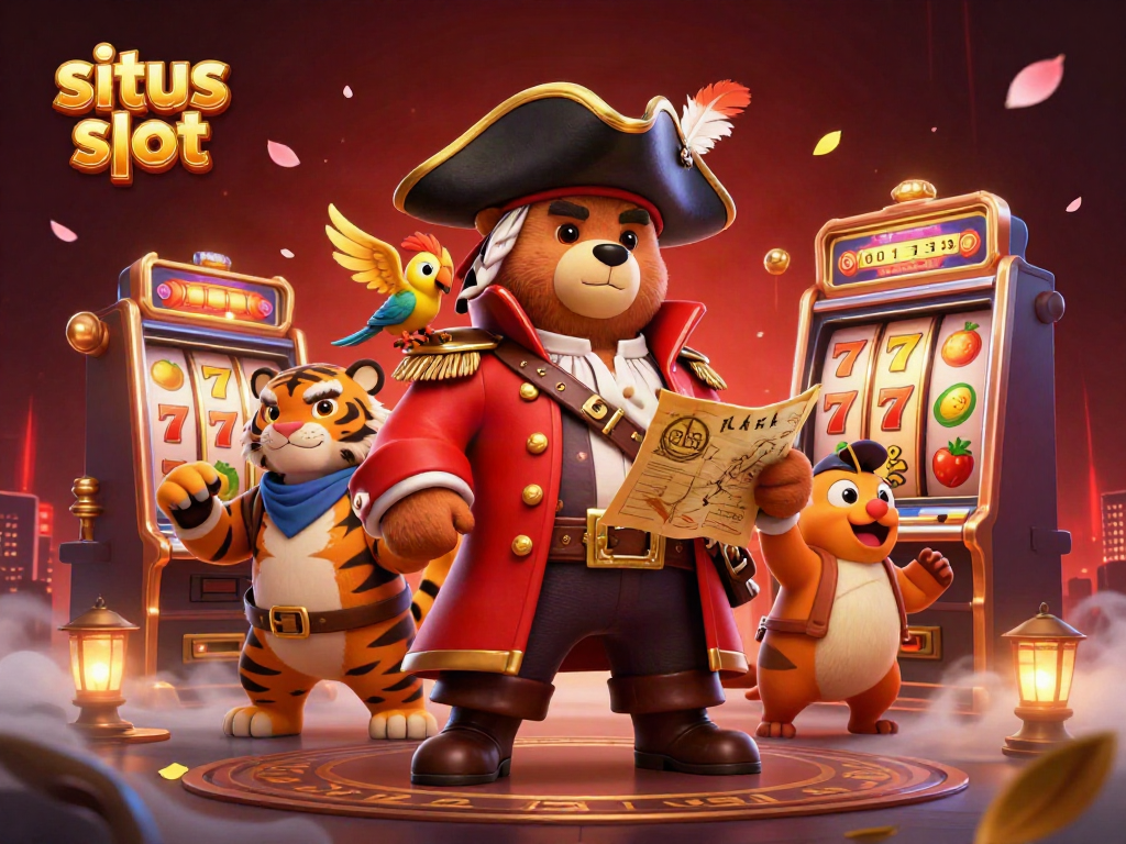 Engage with situs slot as the pirate captain bear and fierce tiger explore thrilling jackpots and slot reels.
