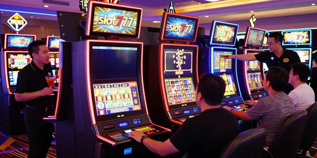 Permainan slot777 yang menarik di kasino dengan mesin slot berwarna cerah dan pemain ceria.