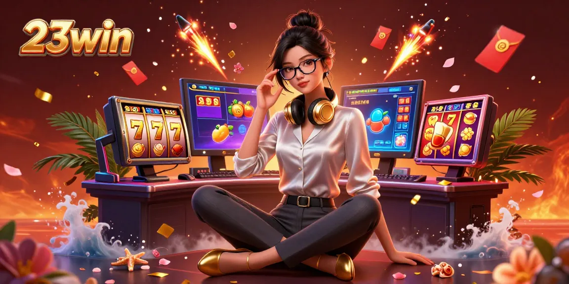 Engage with 23win's casino games featuring vibrant slot reels, lucky symbols, and dynamic visuals.