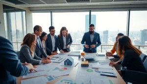 Engaging real estate & logistics professionals strategizing in a modern office