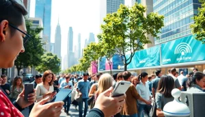 Showcasing Technology devices amidst urban life, demonstrating modern connectivity and innovation.