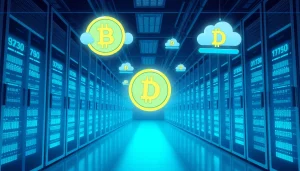 Visual representation of dogecoin cloud mining in a futuristic data center, showcasing technology and innovation.