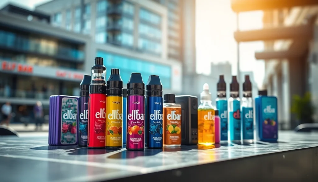 Elfbar Produkte in verschiedenen Geschmacksrichtungen auf einem Tisch arrangiert und urbanem Hintergrund.