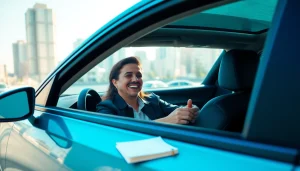 Buy a car with a customer excitedly exploring a sleek vehicle in a vibrant urban setting.