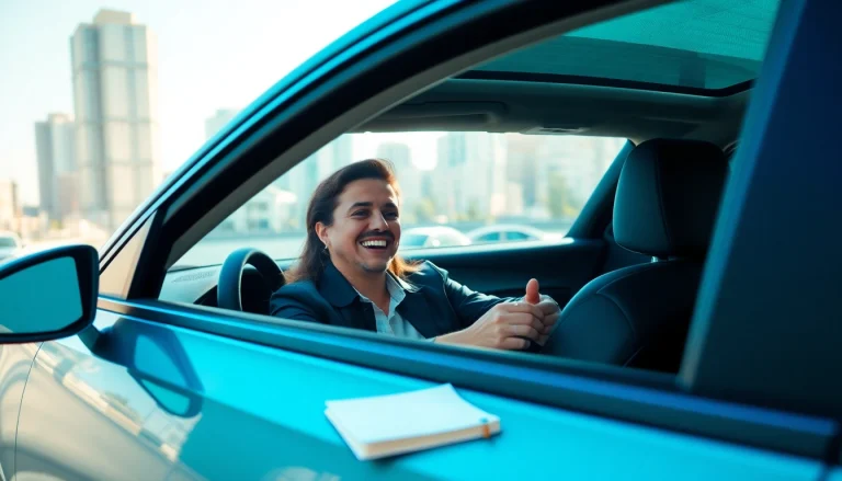 Buy a car with a customer excitedly exploring a sleek vehicle in a vibrant urban setting.