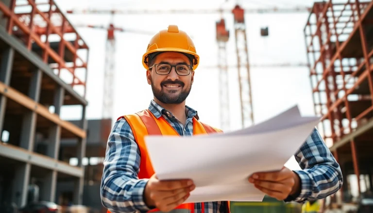 New York Commercial General Contractor supervising construction with blueprints on site.