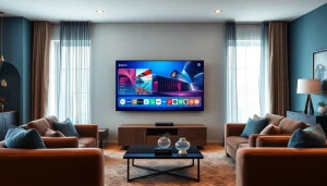 Showcasing a modern living room with an iron tv displaying vibrant visuals and a stylish setup.