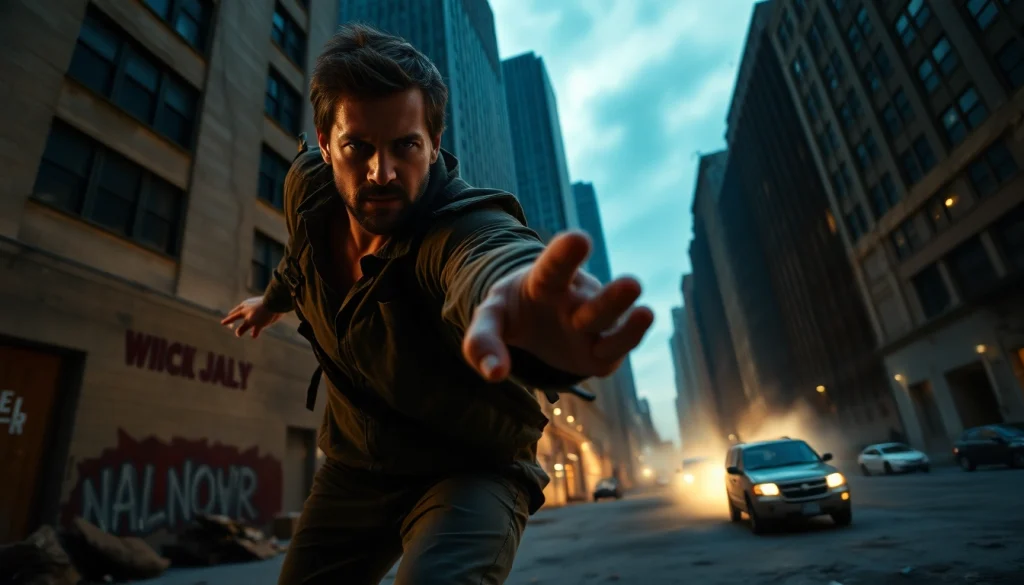 Character in dynamic action reminiscent of Similar to reacher series, captured in a gritty urban setting.