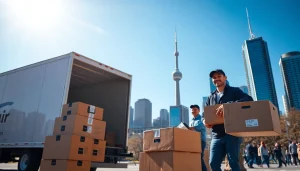 Efficient movers showcasing Toronto moving services with teamwork and professionalism in a vibrant city setting.