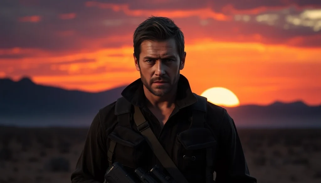 Action-packed character inspired by Similar to reacher series in a dramatic landscape.