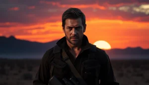 Action-packed character inspired by Similar to reacher series in a dramatic landscape.