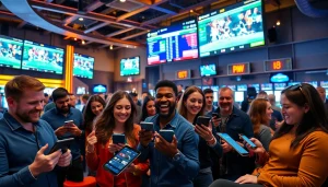 Engaged bettors in sportsbooks in Oklahoma placing live bets in a vibrant, energetic setting.