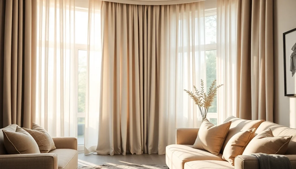 Verken gordijnstof in een elegant woonkamerinterieur met luxe draperieën.