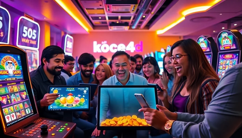 Situs kode4d online gaming experience with excited players enjoying slot games on digital devices.