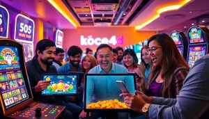 Situs kode4d online gaming experience with excited players enjoying slot games on digital devices.