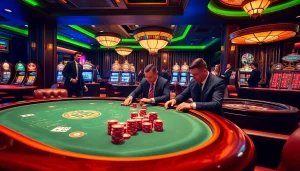 Engage in thrilling games at MM88's luxurious casino, featuring poker tables and vibrant slot machines.