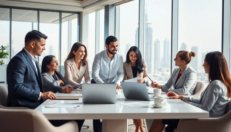 Engaged Business Consultants in Dubai collaborating effectively in a modern office.