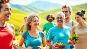 Enhancing healthspan through joyful activities like jogging and yoga in a vibrant outdoor setting.