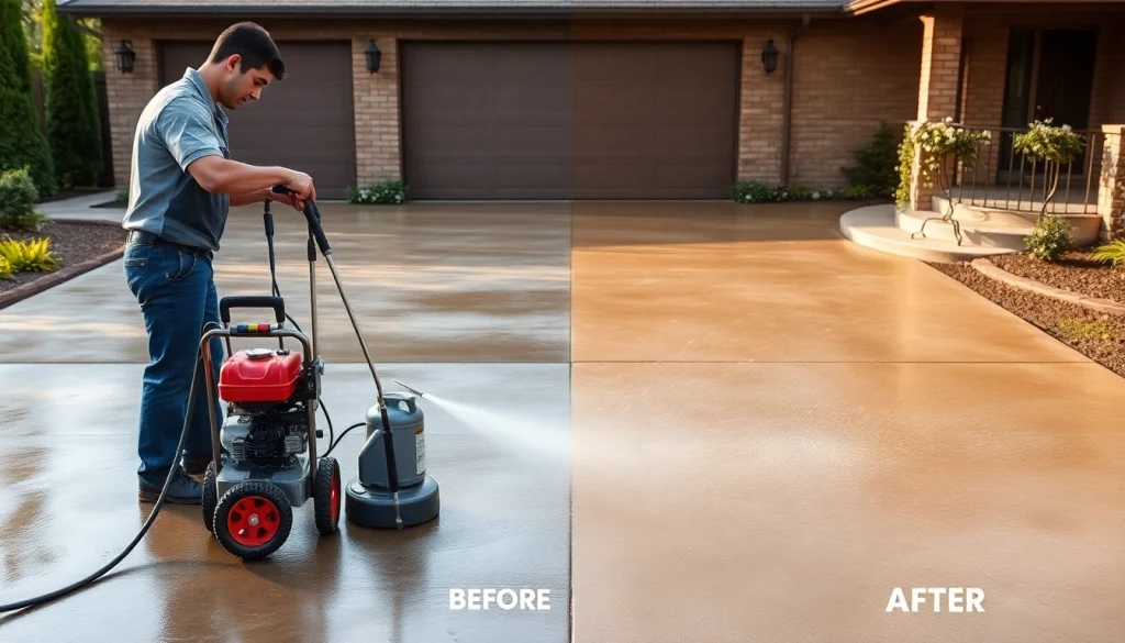 Concrete cleaning service in action, showcasing a technician using a pressure washer on a driveway.