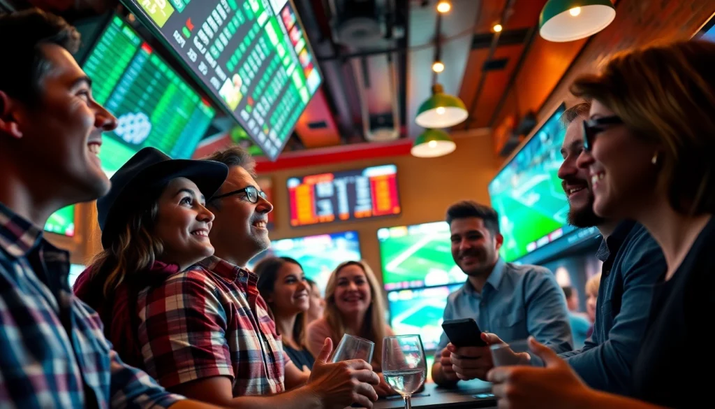 Engaged fans enjoying sportsbooks in Alberta with vibrant sports event screens in a lively setting