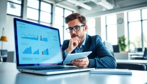 Analyze competitor pricing strategies in a bright, modern office with charts and graphs.