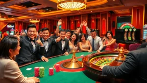 Players enjoying a thrilling game at bk8thai casino, surrounded by vibrant slot machines and elegant decor.