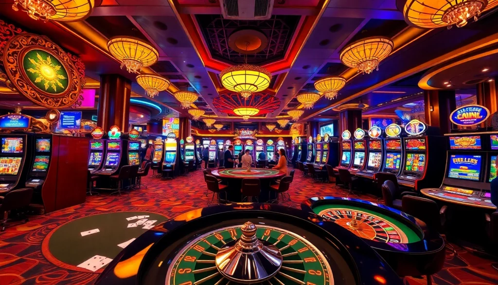 Players engaged in thrilling slot games with the option of slot depo 5rb in a vibrant casino setting.