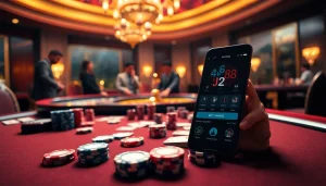 Exciting j88 gambling scene with players at a casino table, poker chips, and modern betting interface.