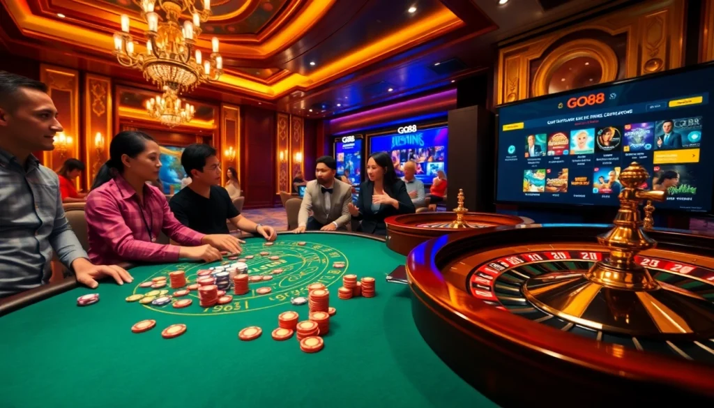 Players enjoying a thrilling game at GO88 casino with vibrant chips and roulette.