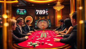Players experience excitement at 789 P poker table amidst luxury casino atmosphere.