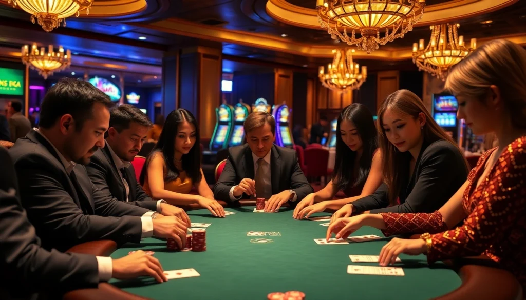 Engage in an exciting s88 poker game amidst luxury and thrill in a vibrant casino atmosphere.
