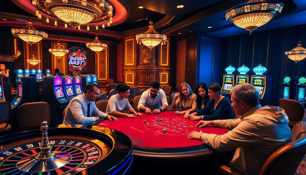 Players enjoying a thrilling blackjack game at BJ38 casino, with vibrant slot machines in the background.