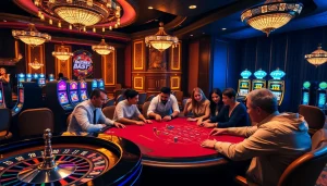 Players enjoying a thrilling blackjack game at BJ38 casino, with vibrant slot machines in the background.