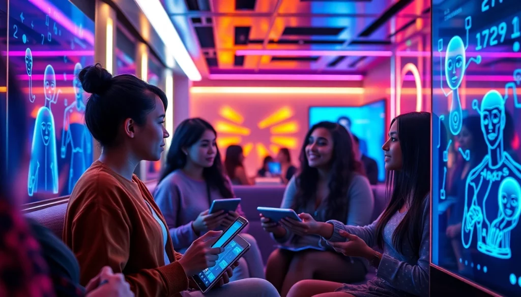 Engaging scene of users interacting with NSFW AI chatbots in a modern digital lounge.