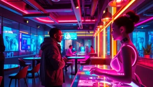 Engaging interaction with nsfw character ai avatars in a futuristic digital café setting.