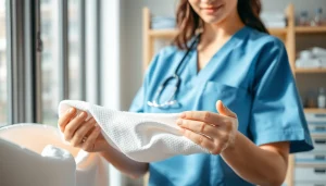 Verpleegkundige katoen stof wordt onderzocht door een zorgprofessional in een heldere omgeving.