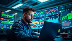 Web scrapping visual with a developer analyzing e-commerce data in a modern office setting.