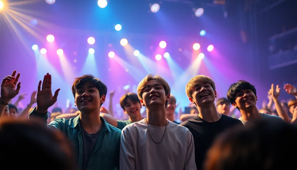 The bts members performing energetically during a vibrant concert with colorful lights.